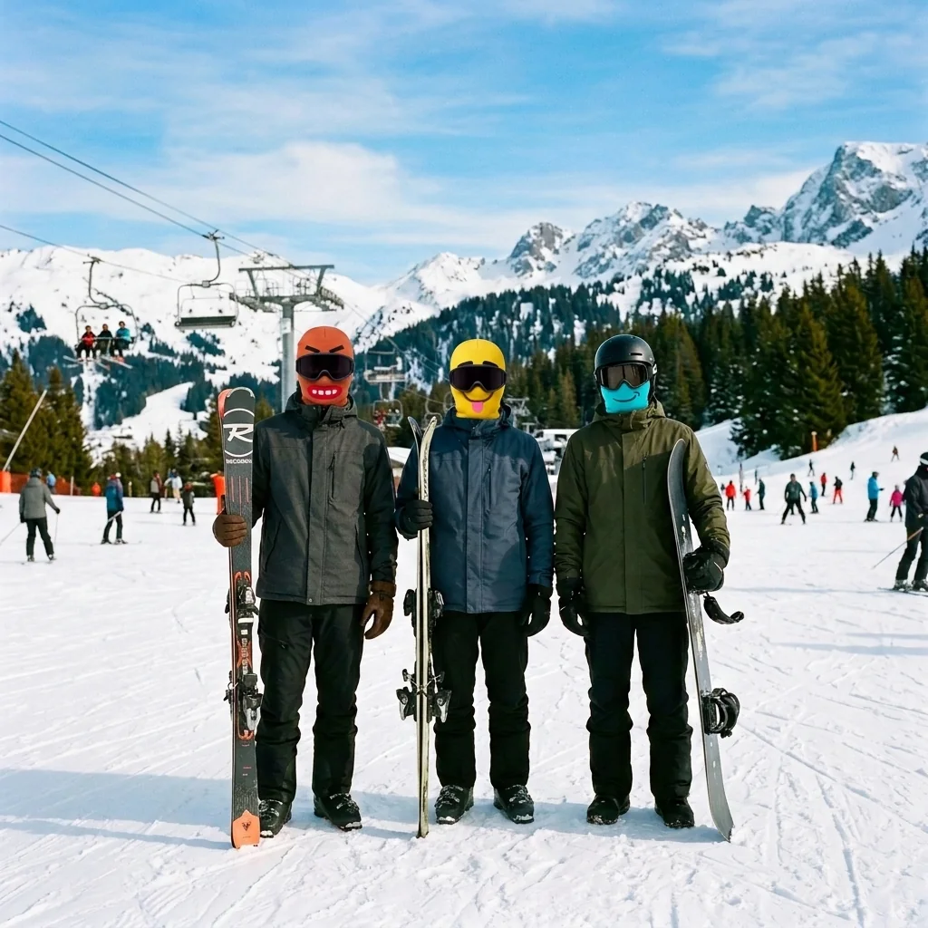 The same three skiers on the same slope now wearing colourful noggos. character ski masks — orange CHOMP, yellow DERP and cyan GRIMM — the whole scene brighter and happier