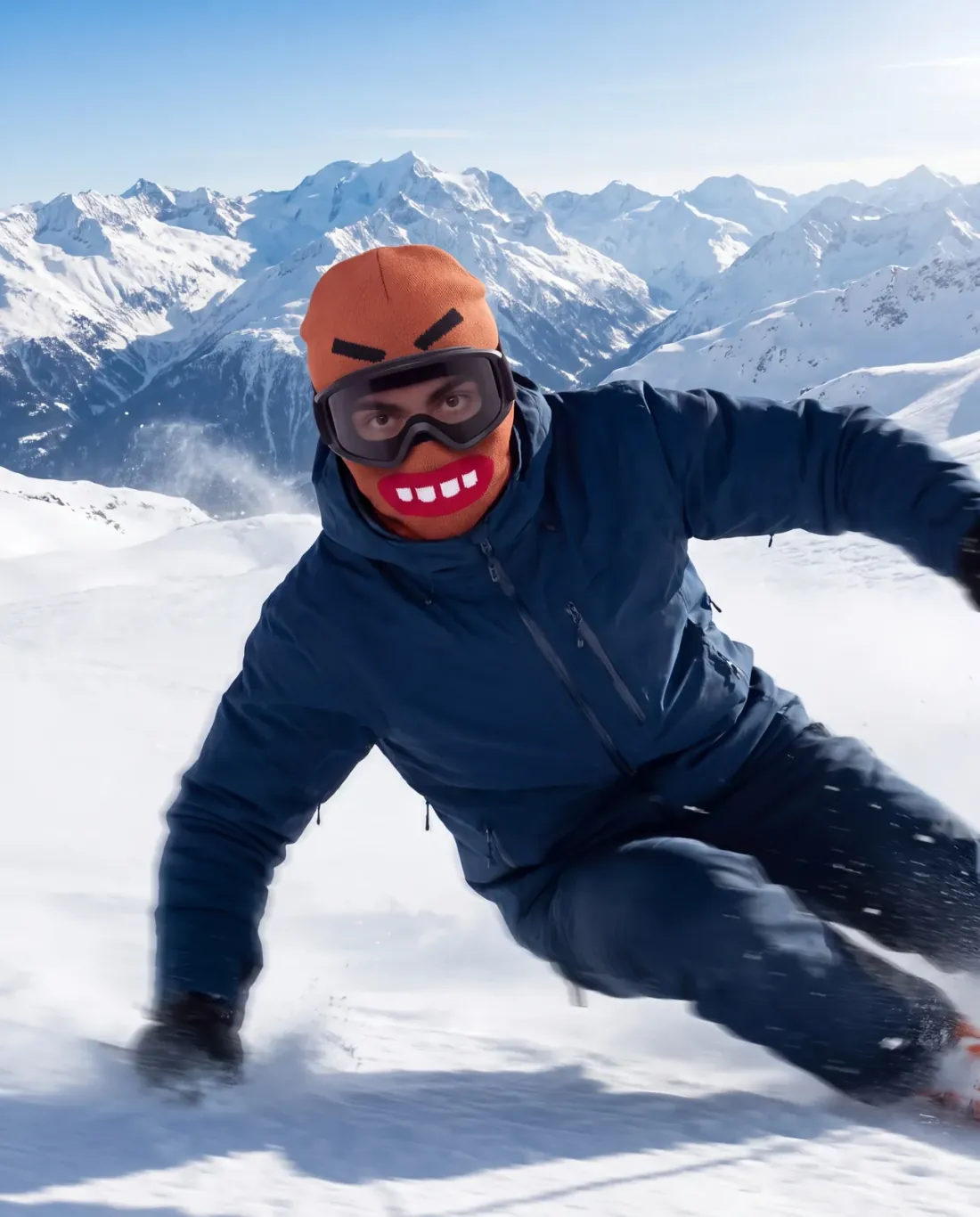 Marco B. carving down the piste in the CHOMP noggos. character ski mask